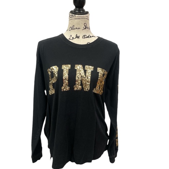 VICTORIA'S SECRET PINK BLACK BLING VARSITY CAMPUS TUNIC T-SHIRT CREW LARGE - Picture 2 of 7
